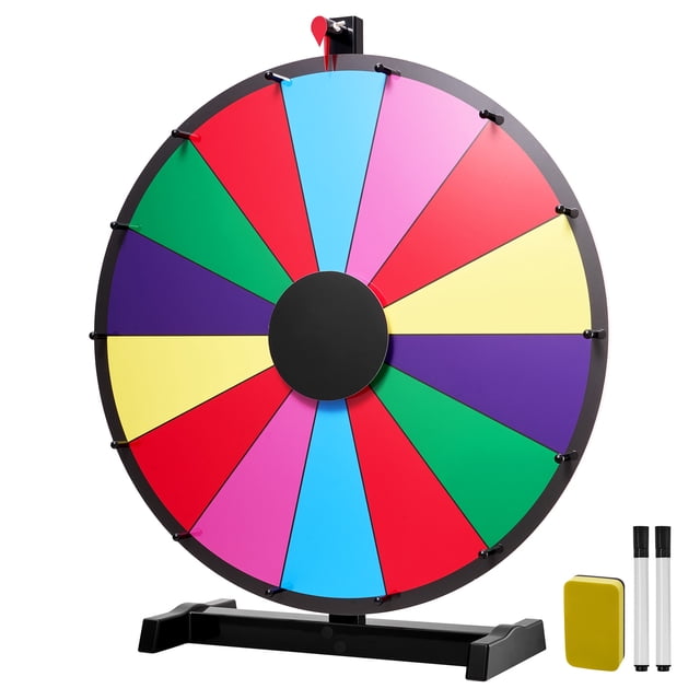 KFFKFF 24 in Spinning Prize Wheel, 14 Slots Spinning Wheel with Stand, Tabletop Win Fortune Roulette with a Dry Erase and 2 Markers, 6 Colors, Easy Assembly