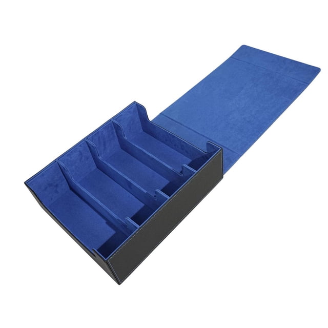 S SERENABLE Deck Card Case Accessories Gifts Card Box for Basketball Cards Trading Cards in blue. This trading card deck box features a four-row design with a windowed lid, capable of holding up to 2400 standard-sized gaming cards. Made from durable PU leather, it protects cards from bending, scratching, and fading. The spacious interior includes organized compartments for easy access and storage, making it an ideal card storage organizer. Suitable for trading cards, basketball cards, and baseball cards. Dimensions: 29cm x 35.1cm x 11cm (11.42in x 13.82in x 4.33in).