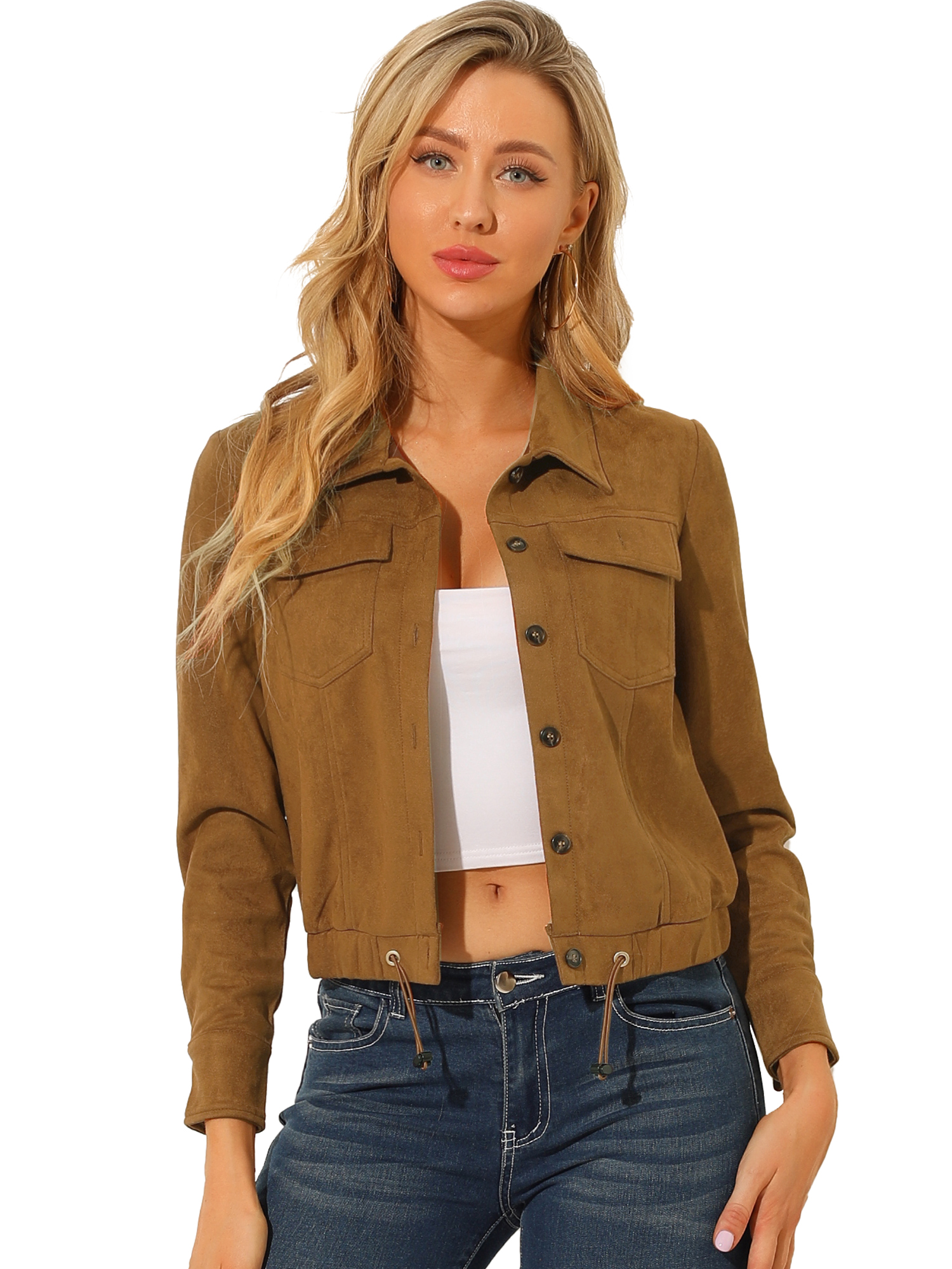 INSPIRE CHIC Veste de Moto Courte pour Femmes à Col Pointu, Boutonnée, avec Poches