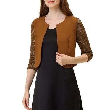 INSPIRE CHIC Valentine's Day Women's Floral Lace Shrug Top 3/4 Sleeve Open Front Work Office Cardigan Formal Bolero M Brown