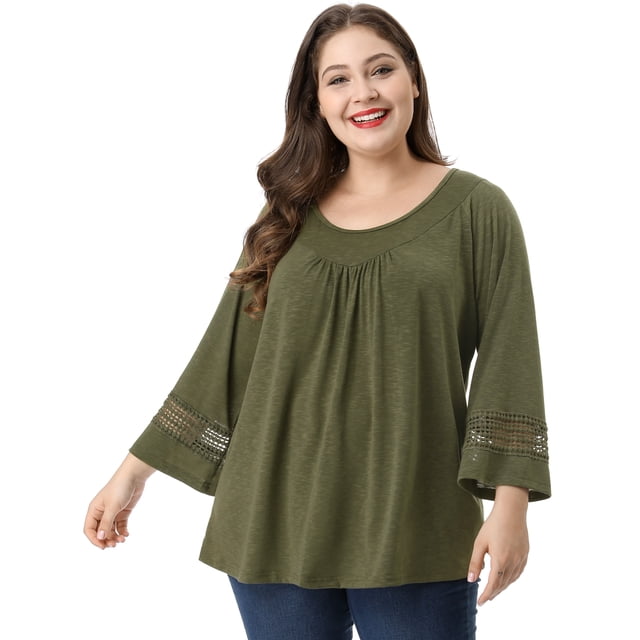 GRACE & GRANDEUR Women's Plus Size Casual Solid Raglan Sleeves Tops Green 3X