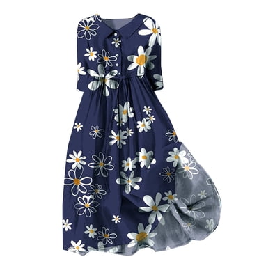 WTXUE Robe Fleurie pour Femmes, Robe Décontractée Artistique à Imprimé Floral avec Boutons, Midi à Manches Longues et Coupe Ample pour Femmes, Robe Bleue Femme, 6# Bleu G