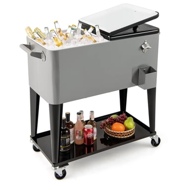 Costway 80-Quart Rolling Patio Cooler on Wheels with Side Handles Storage Shelf Cap Catcher Gray