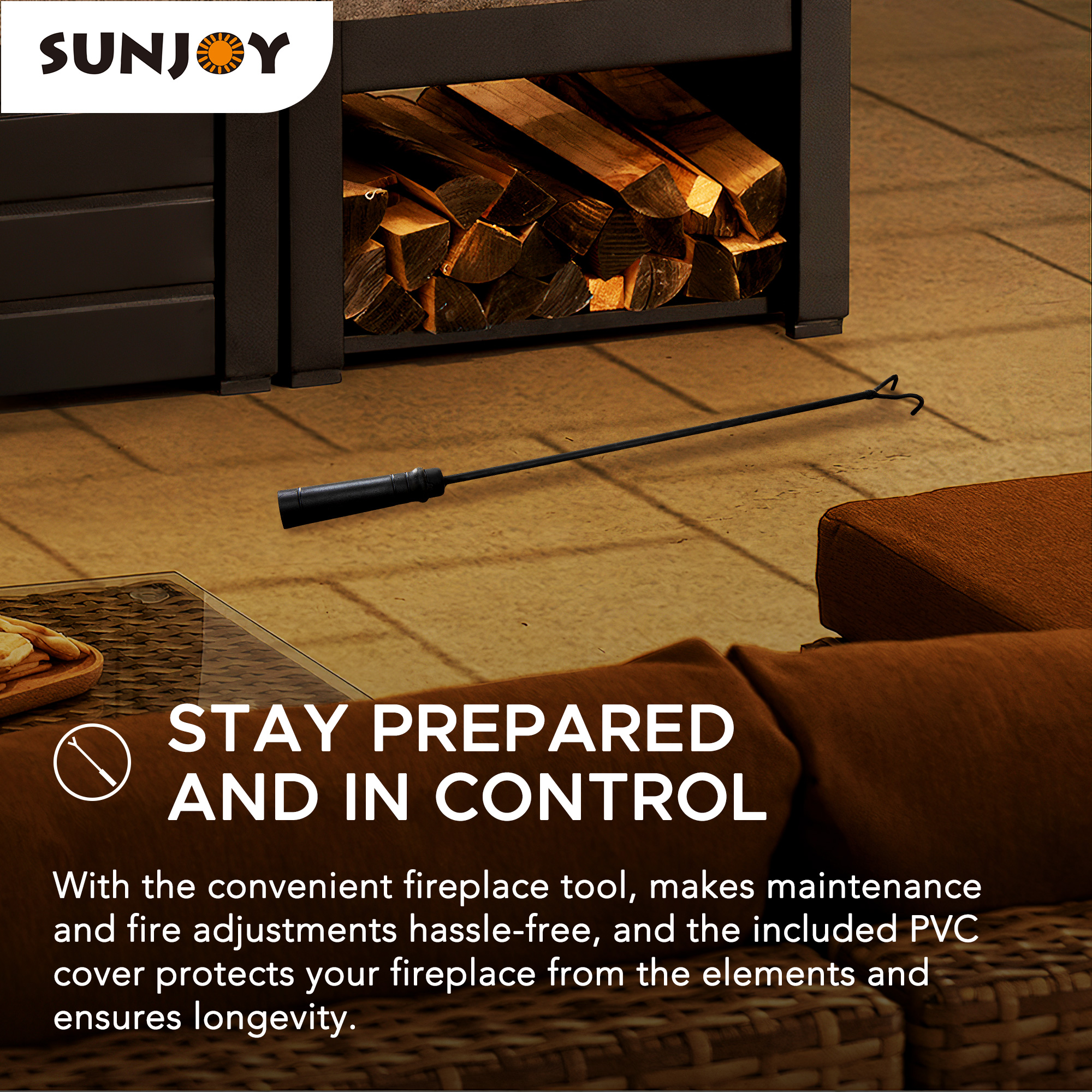 Sunjoy Cheminée Foyer à Bois Extérieur en Acier Noir Mat avec Conduit, Supports à Bûches, Outil de Foyer et Housse en PVC