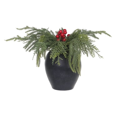 HOLIDAY TIME 11 Inch Christmas Tabletop Arrangement, 50% PU 10% Iron 40% Cement Greenery & Red Berry Centerpiece