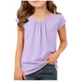 thumbnail image 2 of EGNMCR Children's Spring And Summer Solid Color Short Sleeves Round Neck Pleated T-shirt Top For Kids Children polyester top, 2 of 7