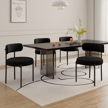 Hawsaiy Dining Chairs Set of 4, Round Boucle Dining Room Chairs with Curved Backrest & Thick Cushion, Mid-Century Modern Upholstered Teddy Fabric Kitchen Side Chairs with Metal Legs, Black