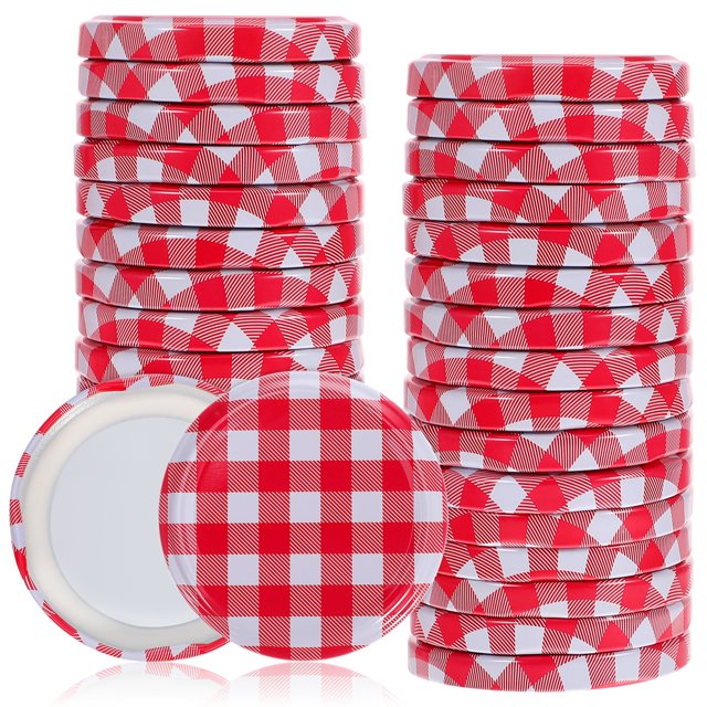 MasteelfCA 40Pcs Jam Jars Lids Screw Lids Twist Off Lids Storage Caps for Canning Jars. The image shows a set of 40 red and white checkered screw-on lids made of iron, designed for 5.8cm (2.28in) jars. These airtight and leak-proof lids are ideal for storing preserves, jams, sauces, and spices, ensuring freshness and preventing reactions with the jar contents. The stylish design adds a decorative touch to pantries or refrigerators.