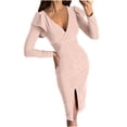 thumbnail image 2 of FcBaudy Robe à Manches Longues Col en V, Robes d'Été pour Femmes, Robes de Mode Féminine Col en V Couleur Unie Robe Longue Manches Longues Robe de Soirée Slim Robe Femme, 2 of 9