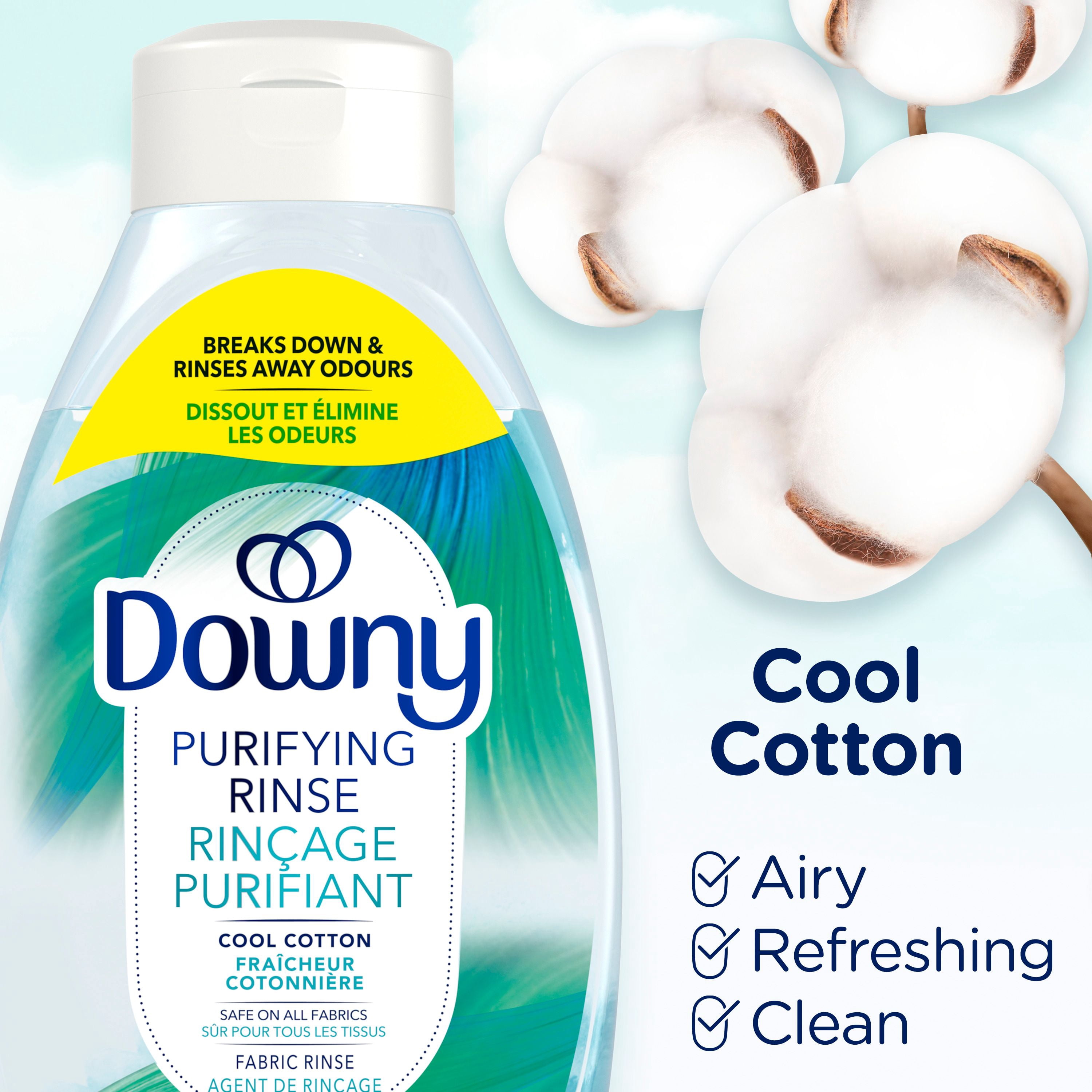 Downy Rinçage Purifiant Éliminateur d'Odeurs pour la Lessive, Parfum Fraîcheur Cotonnière, Assouplissant Textile et Rinçage d'Élimination des Odeurs pour la Lessive, Combat les Odeurs à la source, Compatible HE 54WL