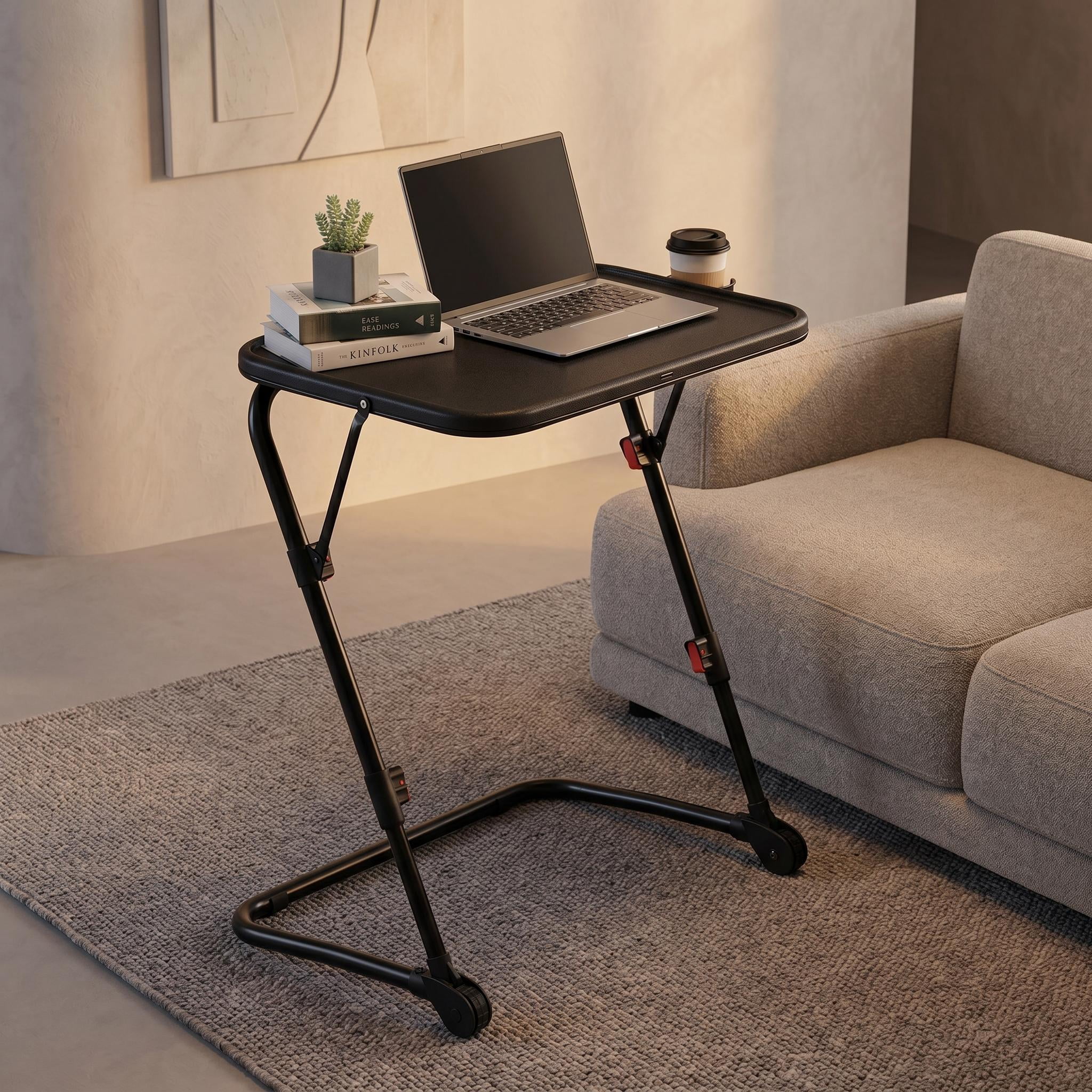 Homy Casa table plateau pliante 1 pièce 21,26 po, hauteur réglable avec porte-gobelet pour canapé-lit, noire