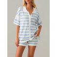 thumbnail image 4 of FOCUSNORM Women Pajamas Set 2 Pieces Loungewear Suits Stripe Contrast Color Button Crochet Knit Tops and Shorts Lounge Sets, 4 of 9