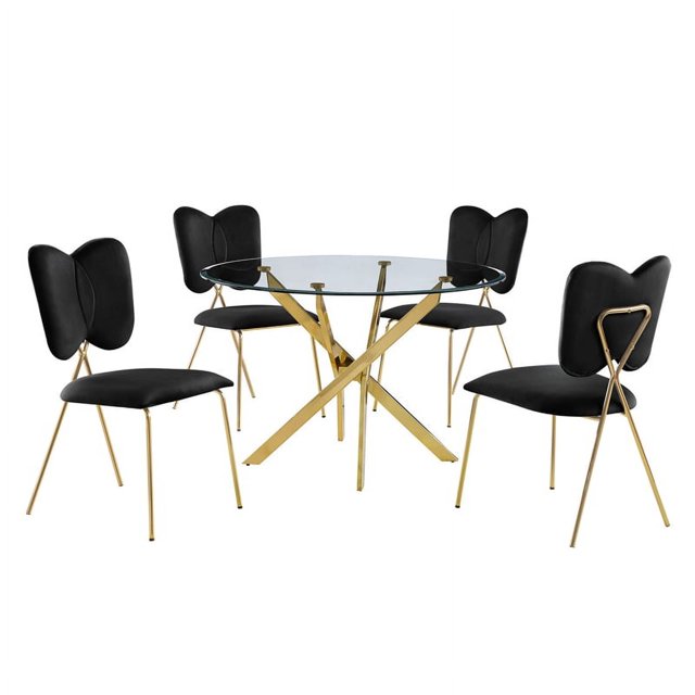 Round 45" x 45" 5pc Clear Glass Dinette Set with Black Chairs