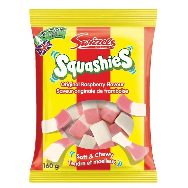 Squashies original raspberry flavour candy by Swizzels in a 160 g yellow and red bag featuring soft and chewy pink and white foam-textured sweets with natural coloring, ideal for sharing and gifting.