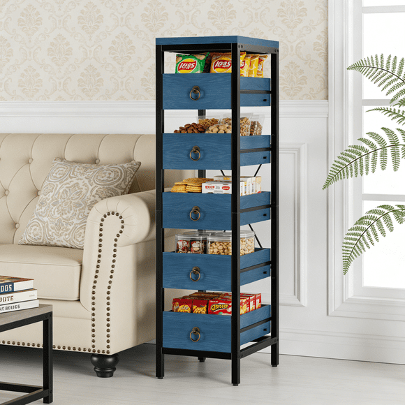 5-Drawer Narrow Kitchen Storage – Space-Saving Wood Drawer Rack with Metal Frame, Multi-Use Organizer Shelf for Fruits, Snacks – Versatile Brown Chest for Home