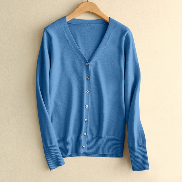 Styesk Cardigan Sweaters for Women Lightweight Open Front Cardigans Button Long Sleeve Crochet Knit Cardigans in a solid blue colour. This oversized sweater features a V-neckline, ribbed edges, and button closure, offering a casual loose fit and versatile style ideal for fall outfits. Displayed on a wooden hanger against a neutral background.