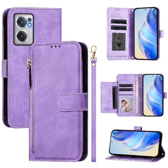 Case for Oneplus NORD CE 2 5G Zipper Wallet Flip Cover with Card Holder, Photo Frame, Kickstand & Lanyard, PU Leather Purple