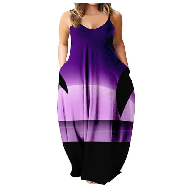 Robe Longue d'Été pour Femme à Col Rond, Imprimée, Sans Manches, Grande Taille, à Enfiler, à Bretelles Spaghetti, Longue Robe Maxi avec Poches