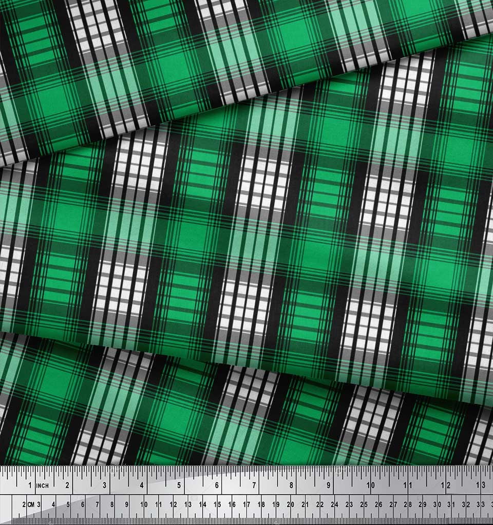 Soimoi Green polyester Crepe Fabric Plaid Check Fabric Prints By Yard 52 Inch Wide