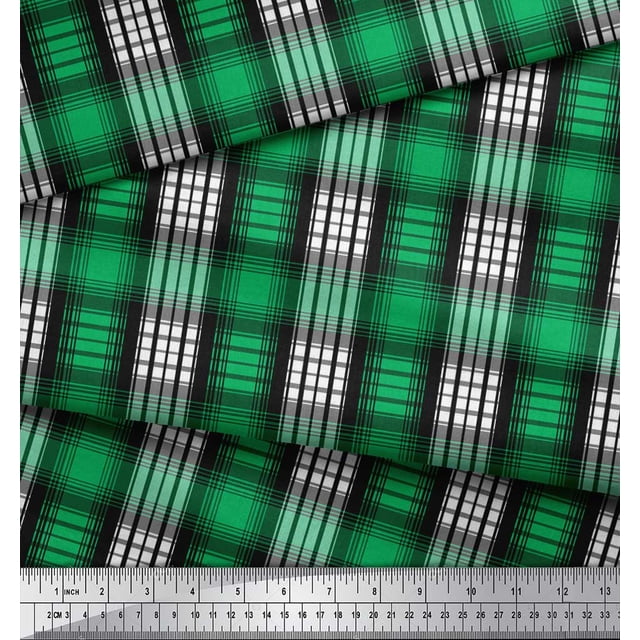 Soimoi Green Poly Georgette Fabric Plaid Check Printed Fabric 1 Yard 52 Inch Wide