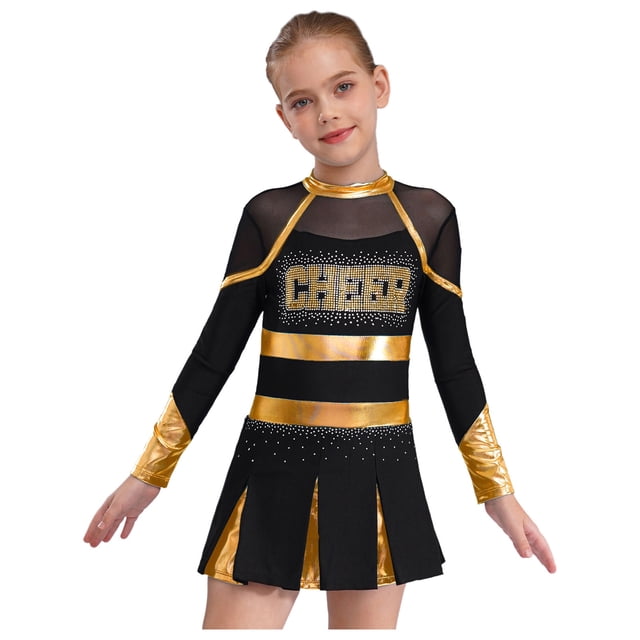 RUNQHUI Filles Enfants Paillettes Manches Longues Robe de Danse Ballet Uniforme d'Équipe Compétition Encouragement Danse Noir&Or 12