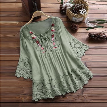 Japceit Women Vintage Lace Patchwork Bow V-Neck Three Quarter Blouses Top T-Shirt