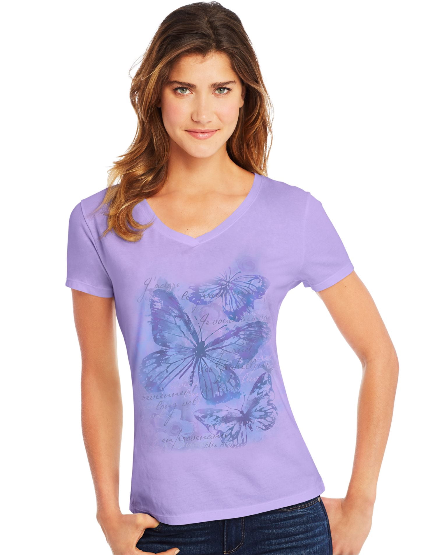 Hanes T-Shirt à Manches Courtes Col en V pour Femmes, P, Grande Impression Papillon/violet Salé