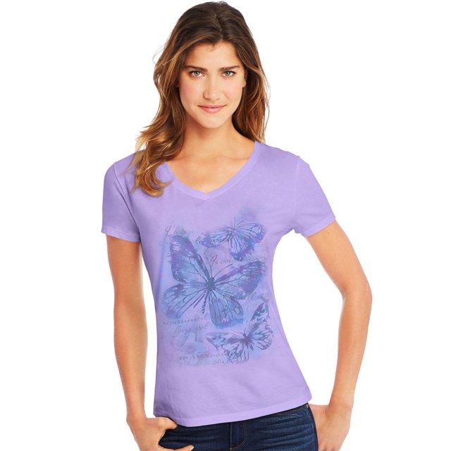 Hanes Tee-Shirt à Manches Courtes Col en V pour Femmes, G, Impression Grand Papillon/violet Salé