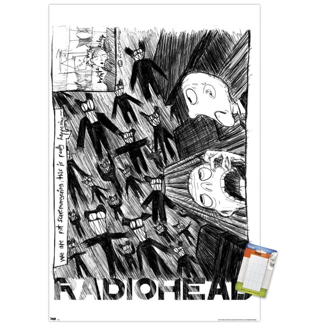 Radiohead - Scribble Wall Poster, 14.725" x 22.375" Framed, a black and white wall art print featuring multiple abstract humanoid figures with wide grins and glasses surrounding two expressive faces with open mouths, set on a heavily crosshatched background with handwritten notes and the Radiohead band name at the bottom, ideal for bedroom or office wall decor.