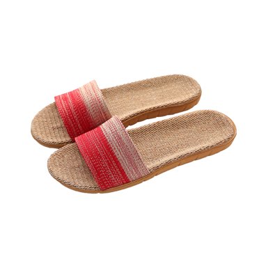 Pisexur Women's Slippers Indoor Casual Slip On Slides Indoor Home Beach Shoes Couple Striped Linen Slippers