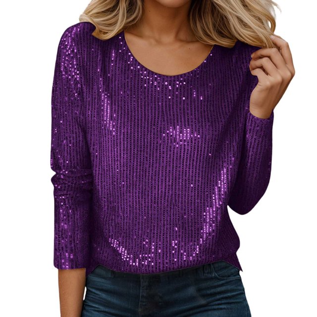Haut à Paillettes de Célébration à Manches Longues et Col Rond pour – Chemise Décontractée Prête pour les Fêtes avec T-Shirts Scintillants pour Femmes Violet m