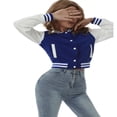 thumbnail image 3 of CenturyX Women Long Sleeve Cropped Baseball Jacket Color Block Button Down Front Open Fashion Bomber Jacket Coat Purple M, 3 of 7