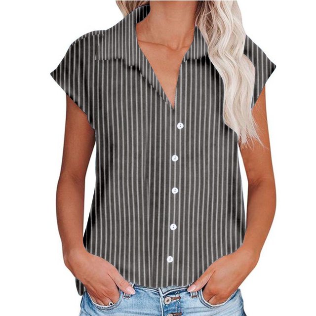 Timegard Striped Shirts for Women Button down Cap Sleeve Tops Casual Lapel V Neck Fashion Blouses