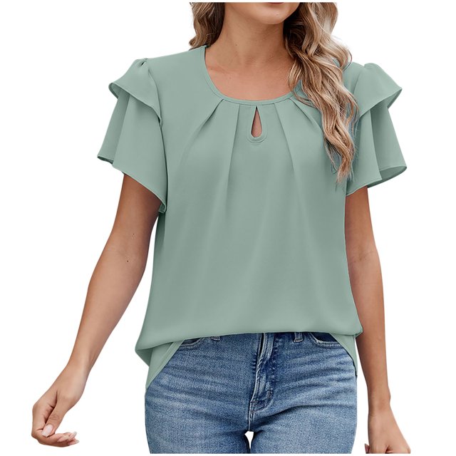 Timegard Tops for Women Ruffle Short Sleeve Round Neck T Shirts Fashion Casual Solid Color Dressy Blouses