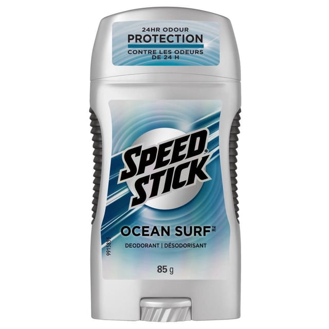 Speed Stick Men's Deodorant Stick, Ocean Surf scent, front-facing silver plastic container with blue label and black textured grips, offering 24-hour odour protection and 85g weight, ideal for men's personal care and all-day freshness with comfort guard applicator.