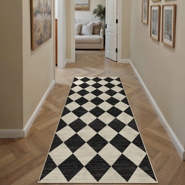 BERTHMEER 2'x6' Runner Rugs for Hallway Bathroom Bedroom Entryway Kitchen Non Slip Geometric Modern Rhombus Checkered Contemporary Washable Indoor Runner Rugs, Black