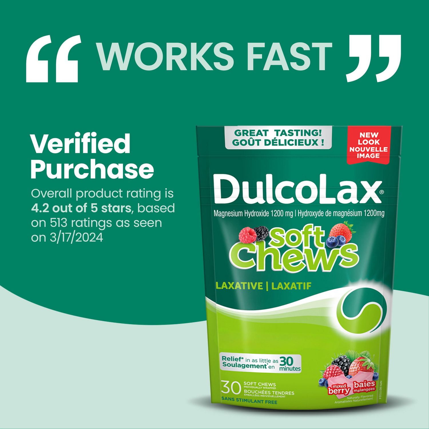 DulcoLax Soft Chews, laxatif pour un soulagement en douceur de la constipation occasionnelle, pour les adultes et enfants de 12 ans et plus, végétalien, sans stimulant, sans gluten, baies mélangées, 3