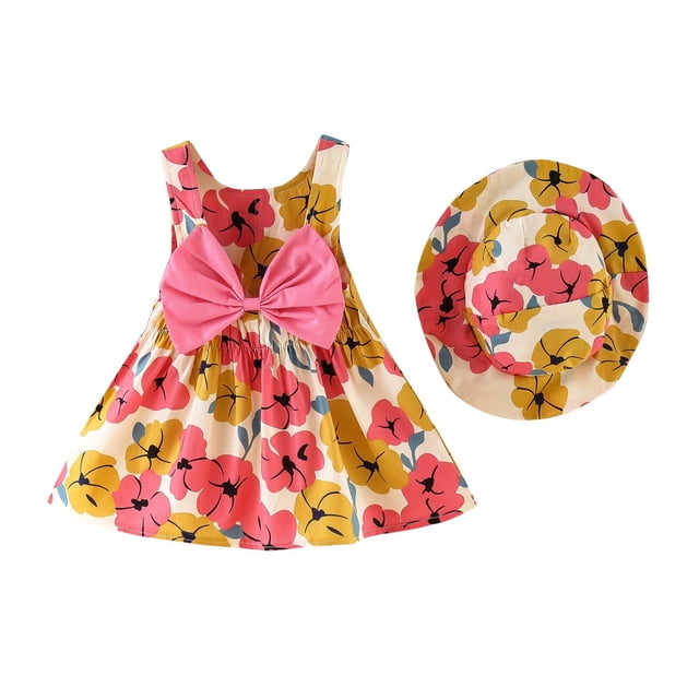 MIASHUI Ensemble de Robe d'Été pour Filles avec Nœud Floral et Chapeau de Paille Assorti pour Jaune, 2-3 Ans