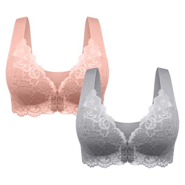 Timegard Lace Bras for Women 2pc Plus Size Front Closure Full Support Back Smoothing Comfy Daily Bras