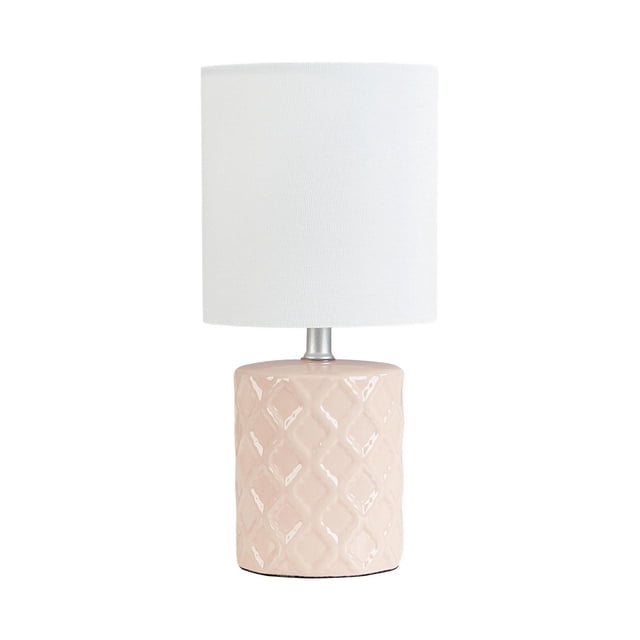 HOMETRENDS Table Lamp with a pink patterned ceramic base and white fabric drum shade, featuring a push on/off switch and standing 12.8 inches tall, ideal for bedrooms, offices, or living rooms and suitable for bedside reading.