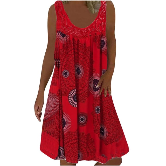 JUNWELL Robes d'Été pour Femmes Grande Taille Robes d'Été Grande Taille pour Femmes Plage Col en U Sans Manches Faux Deux Pièces Robe T-Shirt de Fête Midi Robe Ample