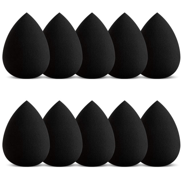 Compuye Makeup Sponge Set, 10 pcs black beauty foundation sponges with a water drop design for 360° application. Suitable for wet and dry use, these latex-free, washable cosmetic blenders are ideal for applying powder, liquid, cream, foundation, BB cream, and more. The sponges are soft, elastic, and skin-friendly, ensuring a flawless makeup finish. Displayed in two rows of five sponges each.