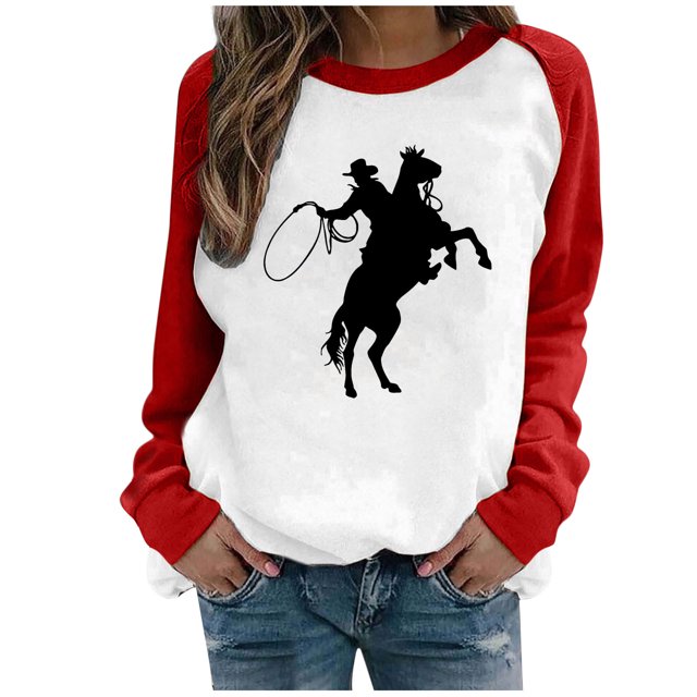CEHVOM Mode Femmes Décontracté Imprimé Col Rond Manches Longues T-Shirt Ample Blouse Pull Tops Chandails en Molleton Sans Capuche Liquidation