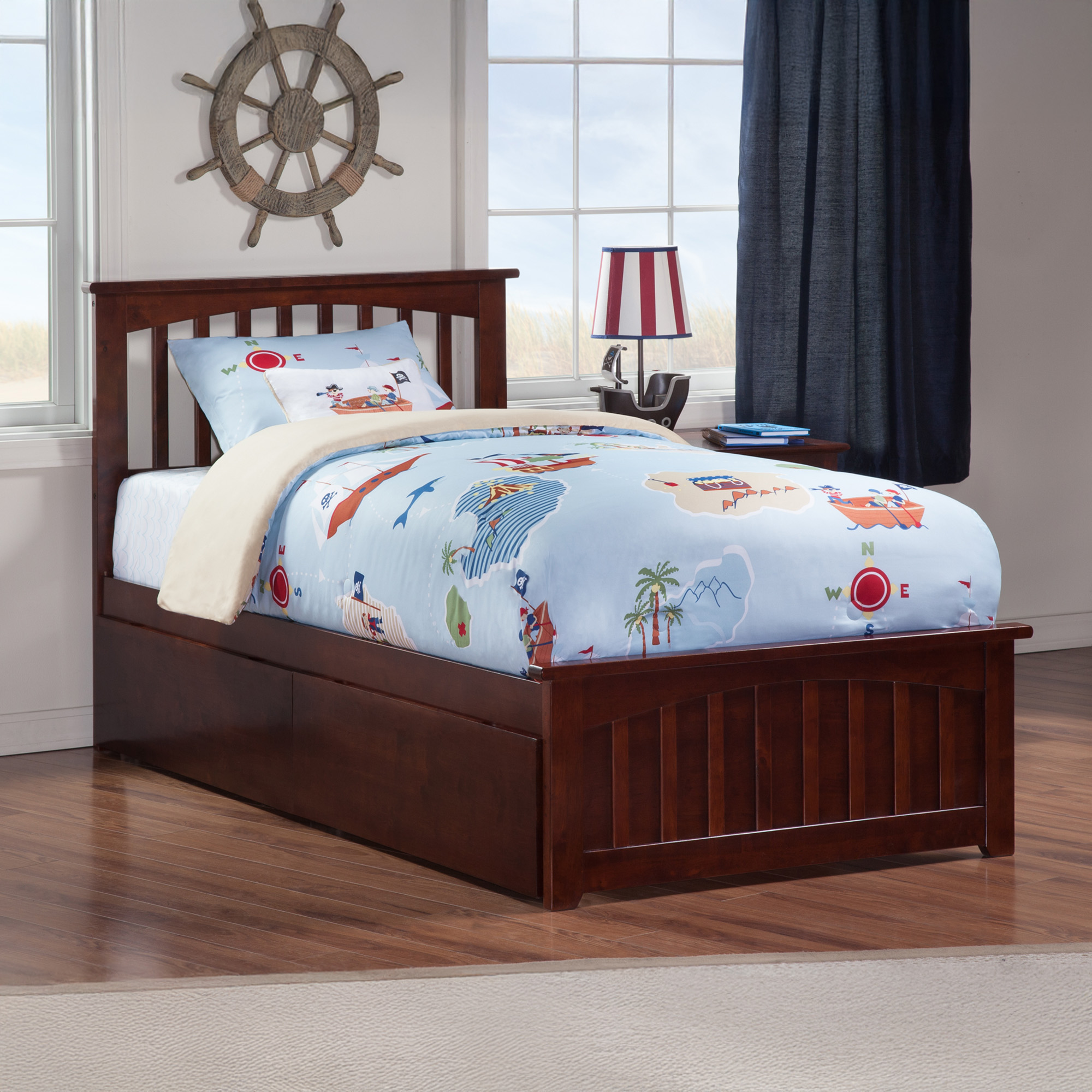 Mission Twin Platform Bed with Matching Footboard & Storage Drawers in Walnut