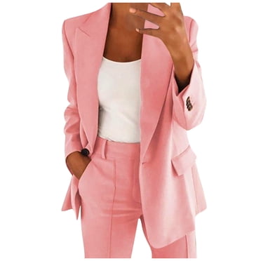 PEZHADA Économies d'Automne Blazer pour Femme Froncé à Manches Longues Ouvert à l'Avant Veste Décontractée Affaires Travail Bureau Blazers avec Poches Rose