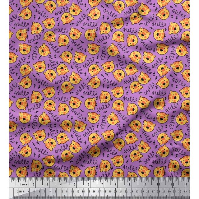 Soimoi Crepe Silk Fabric Text & Tiger Face Cartoon Fabric Prints by Yard 42 Inch Wide
