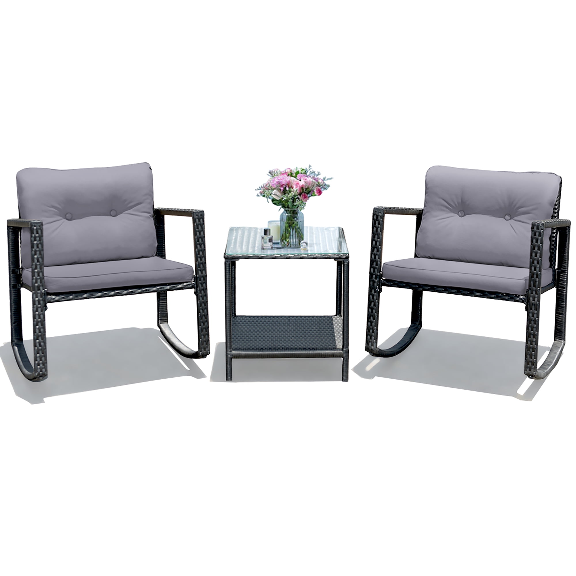 Costway 3PCS Patio Rattan Furniture Set Rocking Chairs Cushioned Sofa Gray