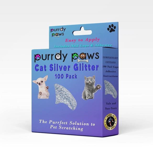 Purrdy Paws 100 Pack Soft Nail Caps for Cat Claws Silver Glitter Medium