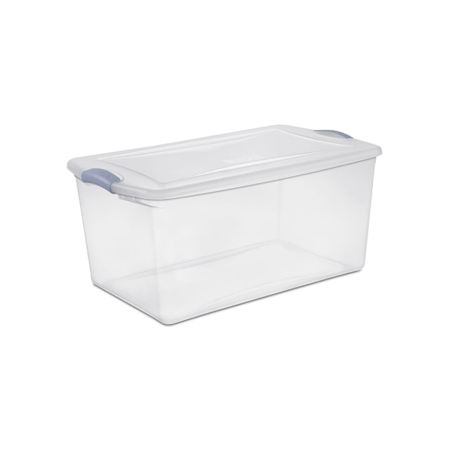 Sterilite 62 Liter Latch Box, Clear Plastic Storage Bin with Lid - Blue Latch