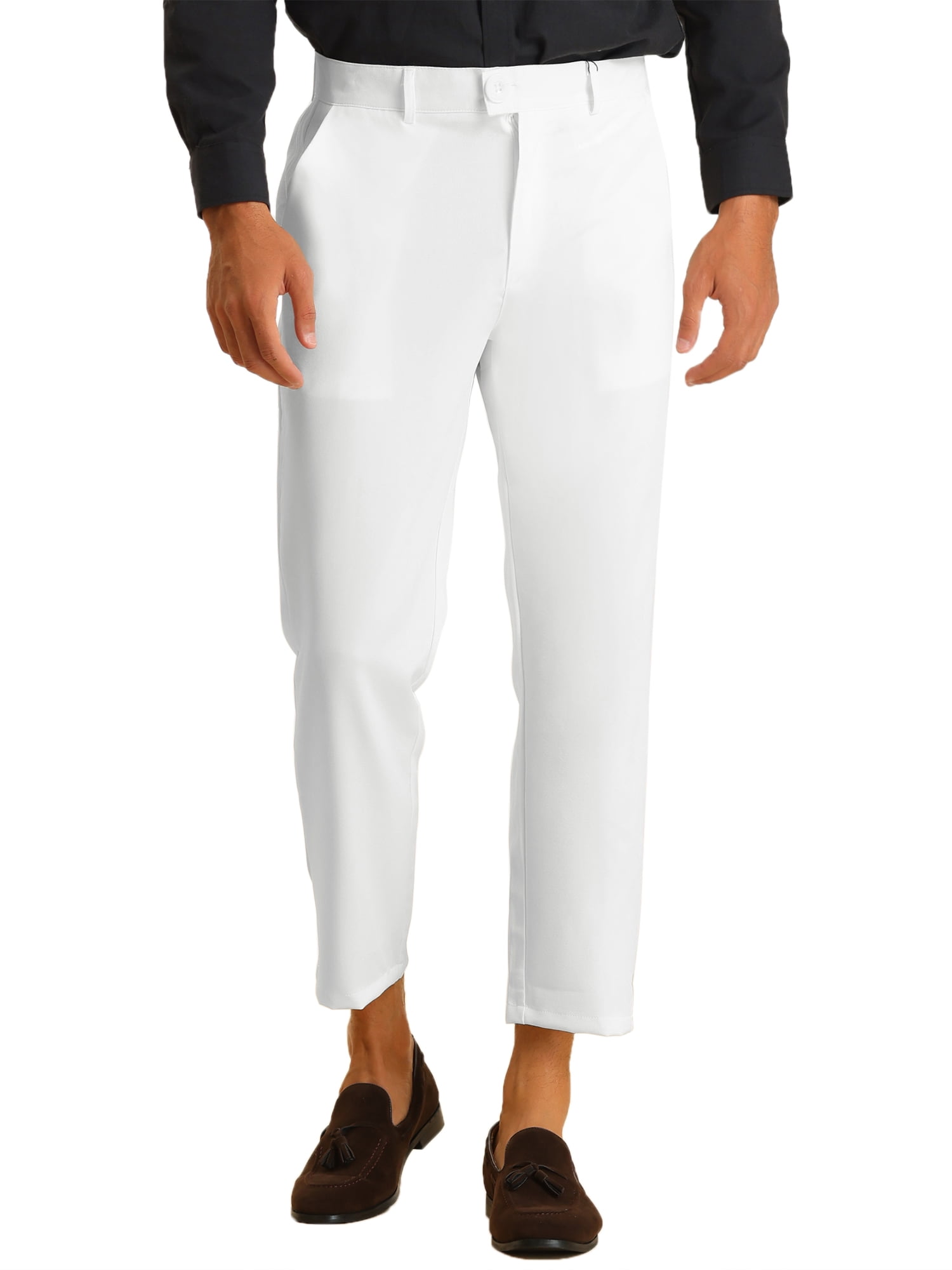 INSPIRE CHIC Men's Pants Solid Color Ankle Length Flat Front Trousers 30 White